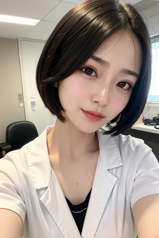 8k, RAW photo, best quality, masterpiece, realistic, photo-realistic, clear, professional lighting, beautiful face, no makeup, best quality, ultra high res, BREAK, Japanese cute girl, 14 years old, (short cut hair:1.2), smile, BREAK, standing, BREAK, (office:1.3), (black eyes, black hair:1.2)