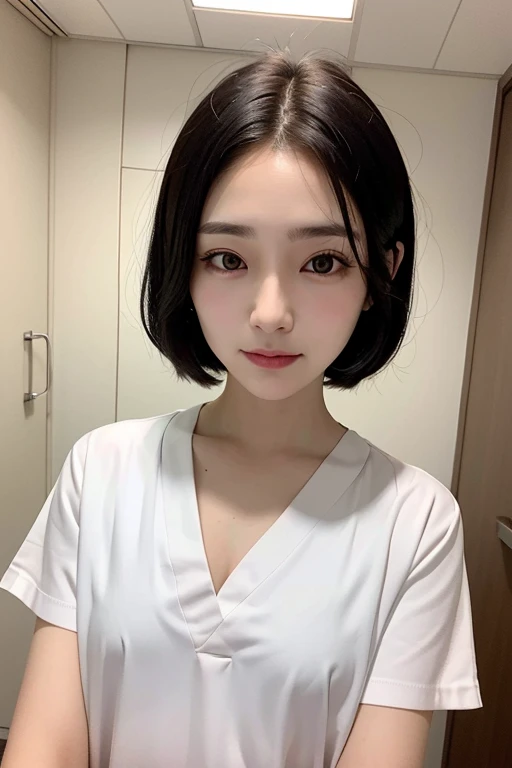 High-quality 4K、1girl、short hair、black hair、medium meat、smile、female doctor、wearing a hospital uniform、droopy eyes、straight eyebrows、dark eye shadow、small breasts、perfect makeup、Photographed in the hospital、sweaty skin