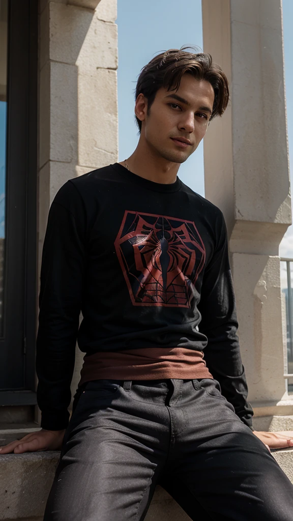 a handsome 28 year old man wearing a black Spiderman shirt, he was sitting at the top of the top of a tall building, with a beautiful view of the sun.