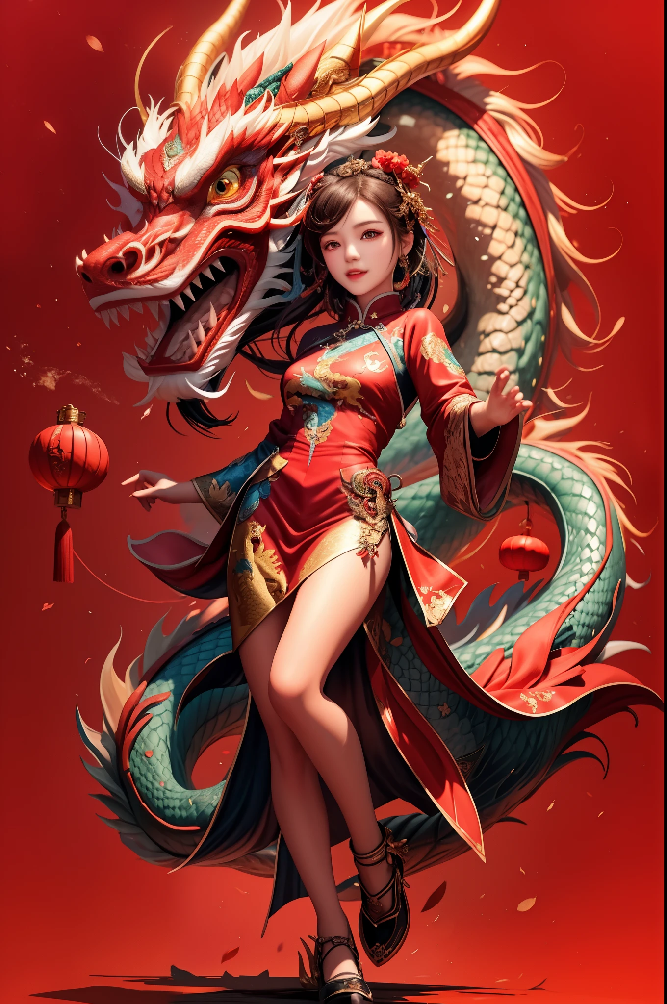 arafed woman in a red dress with a dragon on her arm, dragon girl, trending on cgstation, the dragon girl portrait, beautiful digital artwork, stunning digital illustration, chinese dragon concept art, alice x. zhang, by Ryan Yee, by Oliver Sin, loong, cgsociety and fenghua zhong, chinese fantasy, rossdraws 1. 0