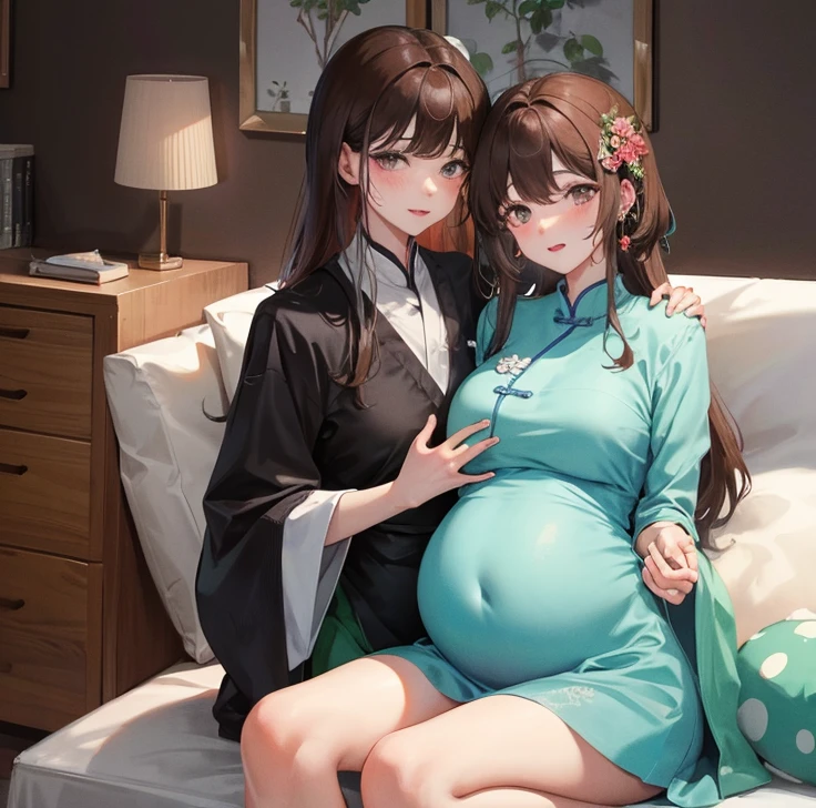 masterpiece, best quality, married woman， aldult, Chinese style, China, elder sister,  Smile, hairpin，brown hair, Princess，Full of motherhood，China传统服饰，purely，blush，Dignified yet lively，Mother，put your hands on your belly，Mature，pregnant，beautifully，怀pregnant，wife