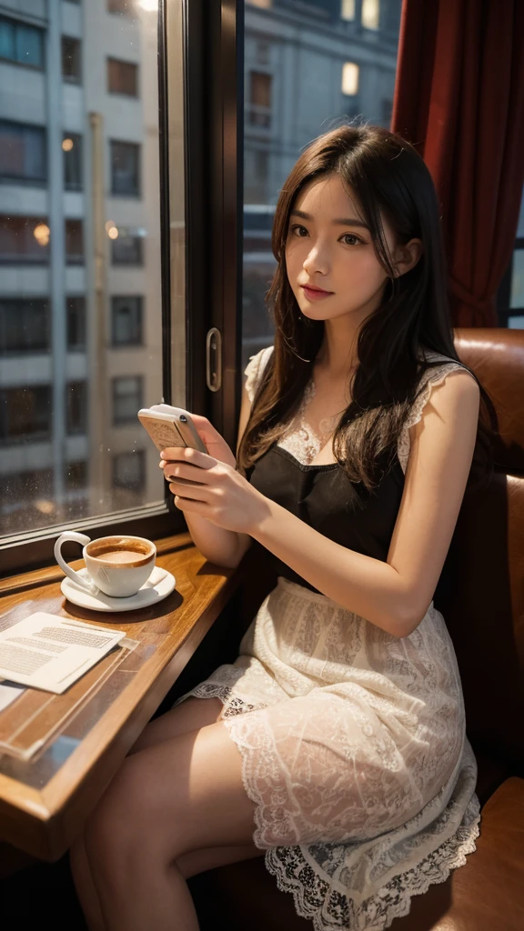 ((best quality)), ((masterpiece)), (detailed),(Realistic),(lifelike),(Lots of detail),An adult sitting by the window in a coffee shop,Floor-to-ceiling windows,Leather seats,The table is covered with a lace tablecloth,There is a mobile phone on the table,Next to it is a coaster,Female hand holding steaming coffee,Looks like he's about to drink it,It was raining outside the window,Raindrops hitting the window,Outside the window is the city street at night,A taxi passed by in the rain,A few pedestrians appeared on both sides of the road,The building opposite has lights on,The lights are shining,Very cozy atmosphere,