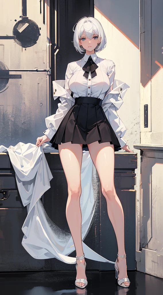 a girl,Mature big sister,Proud figure,model figure,white short hair,wearing white shirt,short skirt,thin waist,huge breasts,wearing black,wear high heel shoes,Look ahead,White background,standing posture,full body picture