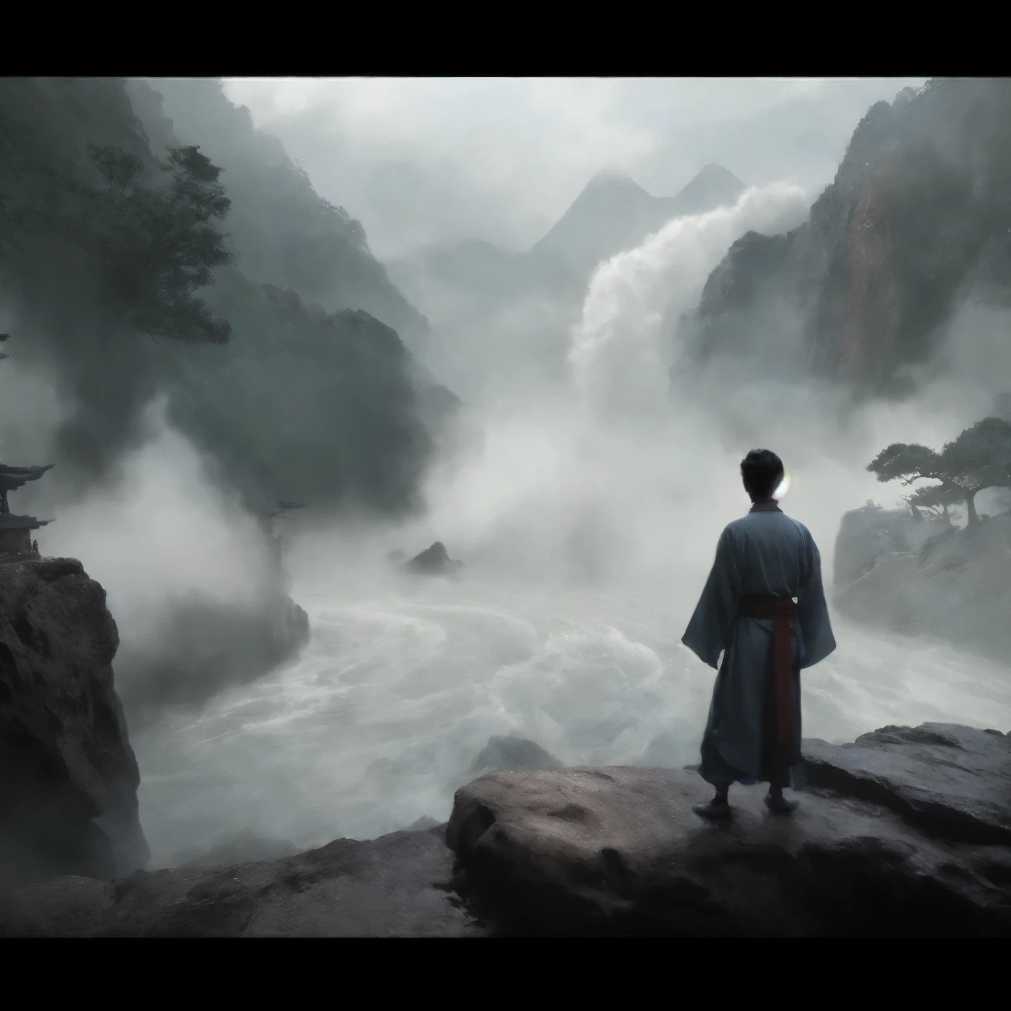 Alafid man in kimono standing on rocks overlooking river, Matte Painting Portrait Shoot, Matte painting 4k 8k, cinematic. author:Leng Jun, 8k matte painting, 8k matte painting, 4K matte painting, Photographic concept art, 4k high definition matte digital, 3D rendering and matte, epic matte painting