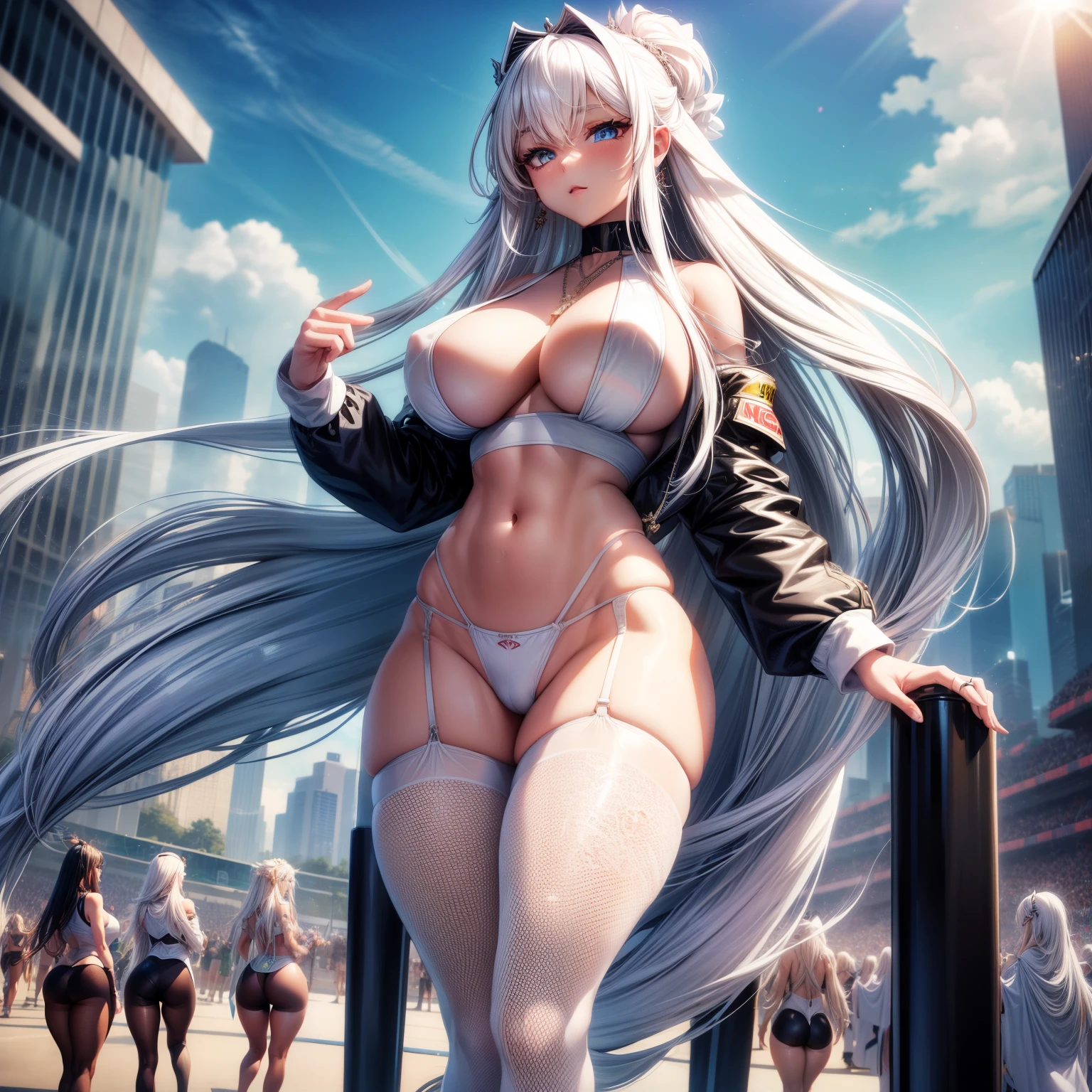 (8K, ultra fine, ultra fine, high quality, special effects, highest blockbuster, realistic effects, vivid, natural movements, full body shot), two sexy big Racing girls, 20 years old, racing scenes, sexy big racing girls, long white hair, super long white hair, sexy big , raised points, sexy racing girl uniforms, (Low waist thong underwear, Super long white hair) Sexy see-through fishnet tights), transparent, sacred, necklaces, earrings, halos, rings, elastic muscles, beautiful hair, huge breasts, wide hips, big hips, beautiful long legs, white, moisturized skin, beautiful eyes), noisy details racing scenes, competition venues, large crowds,