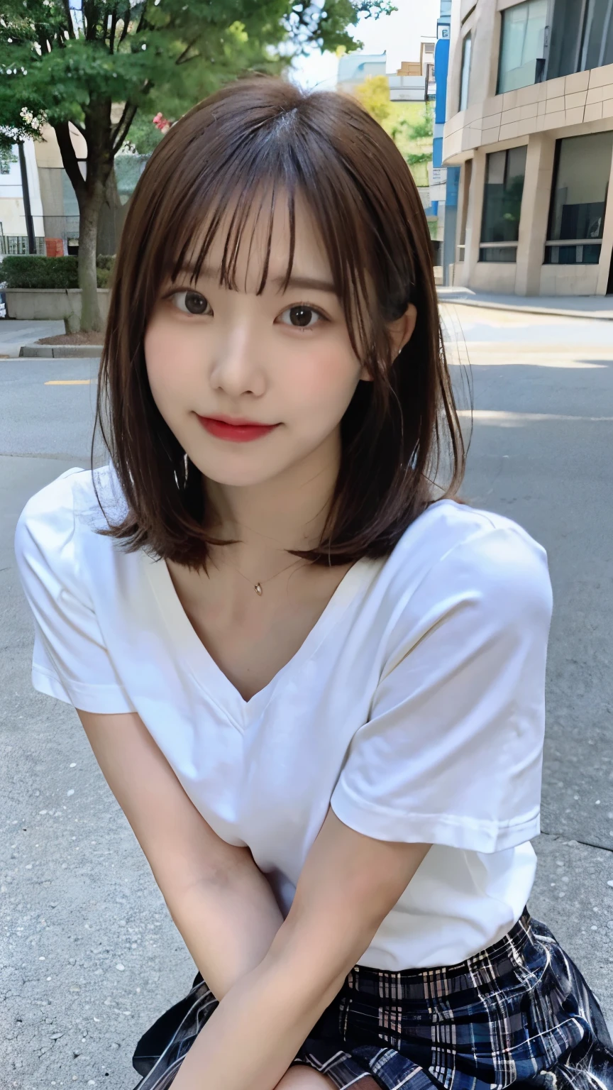 8K RAW photo, highest quality, masterpiece, ultra high resolution, film grain, movie, 1 girl, looking at the viewer, natural skin texture, Realistic eye and face details, full lips, lip tick, (compensate), Random hairstyles、A sloppy smile、beautiful feet, skinny, slim_feet, alone, big 、cleavage, pose with your butt facing yourself, super short skirt, teeth, shirt, beautiful natural location, Around Hanaba, (detailed background), Plaid skirt, white shirt, Show a little cleavage through the shirt, loafers, blurry background、holding, Plaid, short sleeve, brown hair, bangs, school uniform, parted lips, pleated skirt, written boundary depth、(shirtは襟付き、shirtの胸元が大きく開いている)、Chest looks good:1.2、Transparent bare skin、