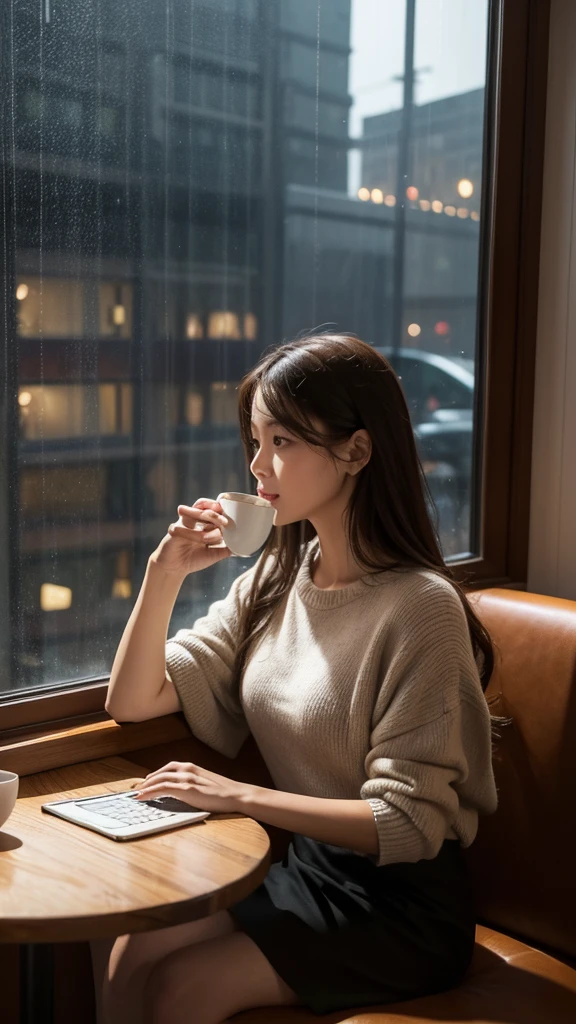 ((best quality)), ((masterpiece)), (detailed),(Realistic),(lifelike),(Lots of detail),An adult sitting by the window in a coffee shop,Floor-to-ceiling windows,Leather seats,The table is covered with a lace tablecloth,There is a laptop on the table,Next to it is a coaster,Female hand holding steaming coffee,Looks like he's about to drink it,It was raining outside the window,Raindrops hitting the window,Outside the window is the city street at night,A taxi passed by in the rain,A few pedestrians appeared on both sides of the road,The building opposite has lights on,The lights are shining,Very cozy atmosphere,