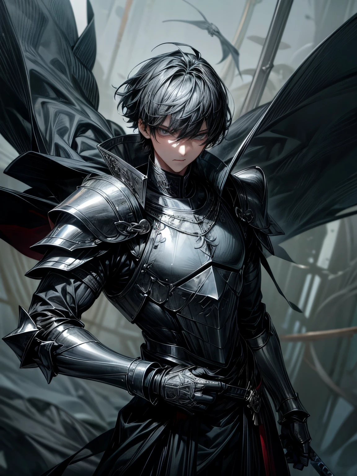 Generate an image of a tall man with sleek black short hair tousled upwards, piercing gray eyes, attire that alternates between a solid black fabric and plates forming a black scale armor. He carries a medium-sized sword on his back and two daggers on the sides, with a dead fish expression in his gaze.