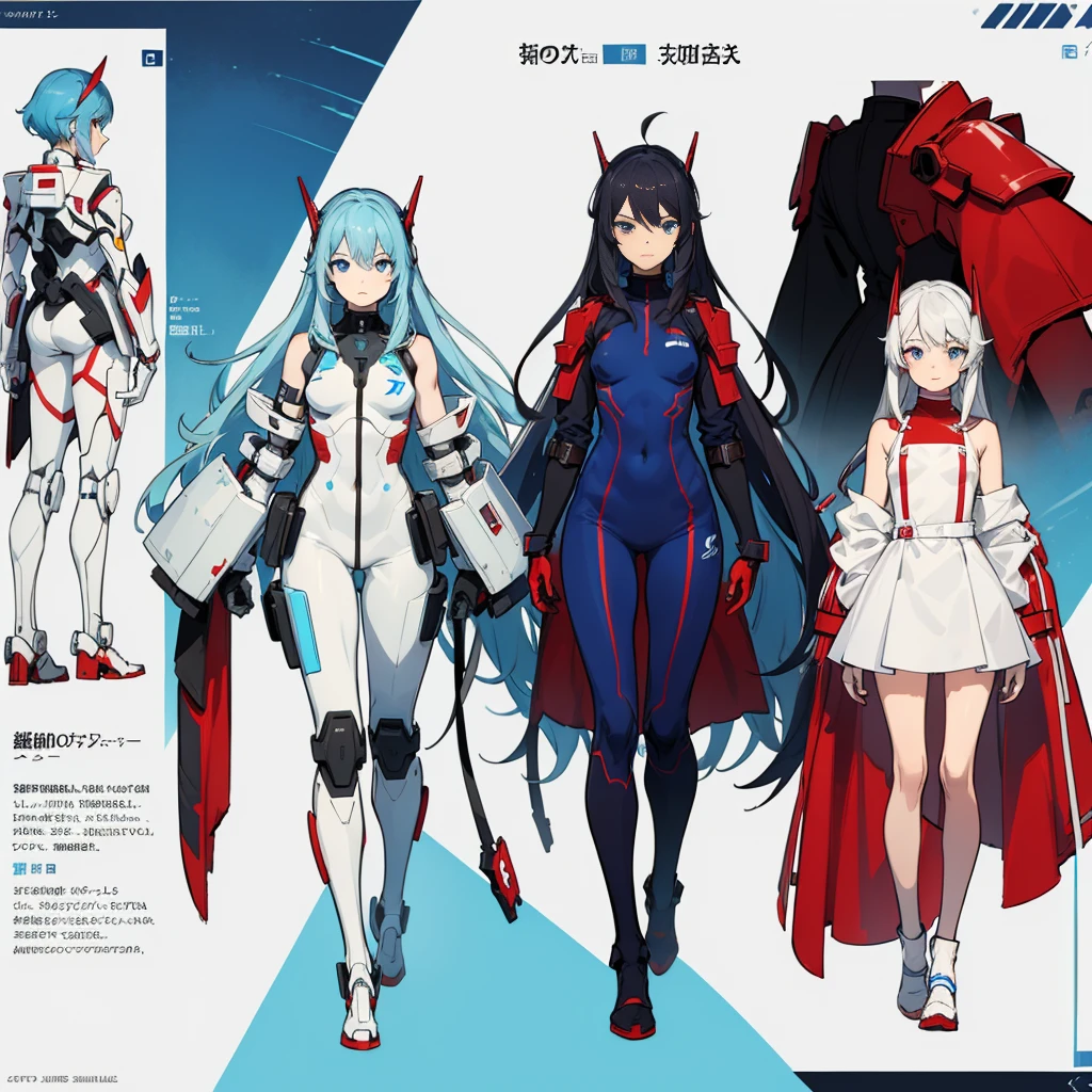 (((full body photo))), red blue and white color, femboy wearing a lightly armored jumpsuit, science fiction themes, chest armor, Gundam, best quality, official art, blue eye, front view, view rear, and side view of the character, Long hair
