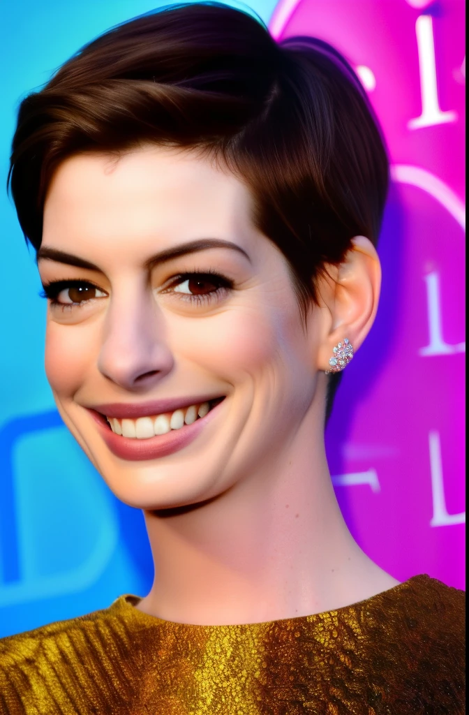 Anne Hathaway with rainbow hair, incredibly detailed beauty,brown eyes, rim lighting, cinematic ,lighting ,photo quality, vivid, kodak colors, 8k concept, 128k, 108mp DSLR, dskflll