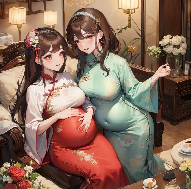 masterpiece, best quality, married woman， aldult, Chinese style, China, elder sister,  Smile, hairpin，brown hair, Princess，Full of motherhood，China传统服饰，purely，blush，Dignified yet lively，Mother，Hands on the stomach，Mature，Pregnant，Beautifully，pregnancy，wife