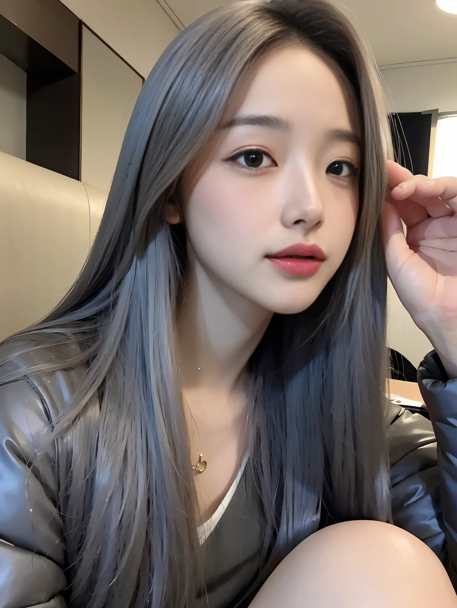 realistic, High resolution, 1 female, glowing skin, alone, wide lips,long hair,straight hair,saggy breasts,small face,Gray color hair,Color Contacts,Down jacket,Cafe,,Distant angle,,K-pop Idol