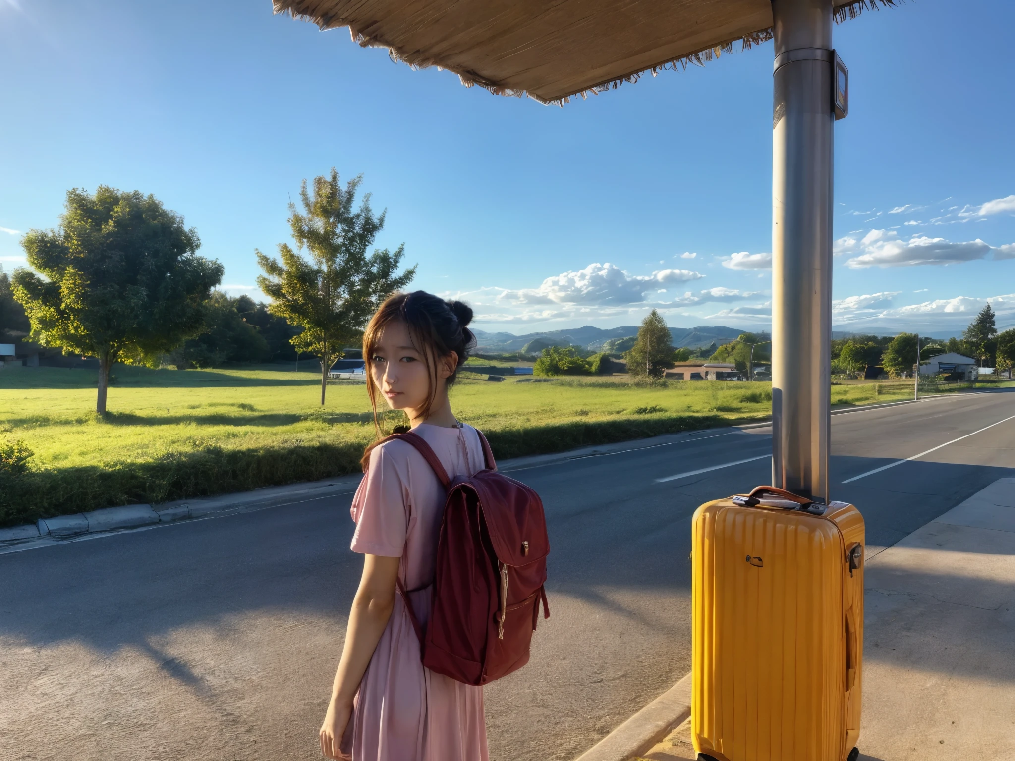 Girl waiting for the bus at the bus stop、Beautiful countryside