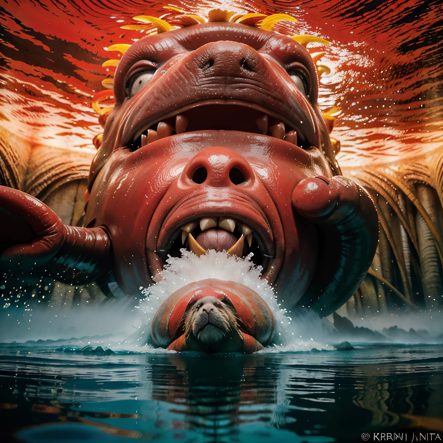 Crie uma imagem aterrorizante de um grande cardume de ((piranha-vermelha ((Pygocentrus nattereri Kner)), attacking a manatee in the rivers of the Brazilian Amazon, the boiling water dyed a vivid red makes the image even more terrifying 
