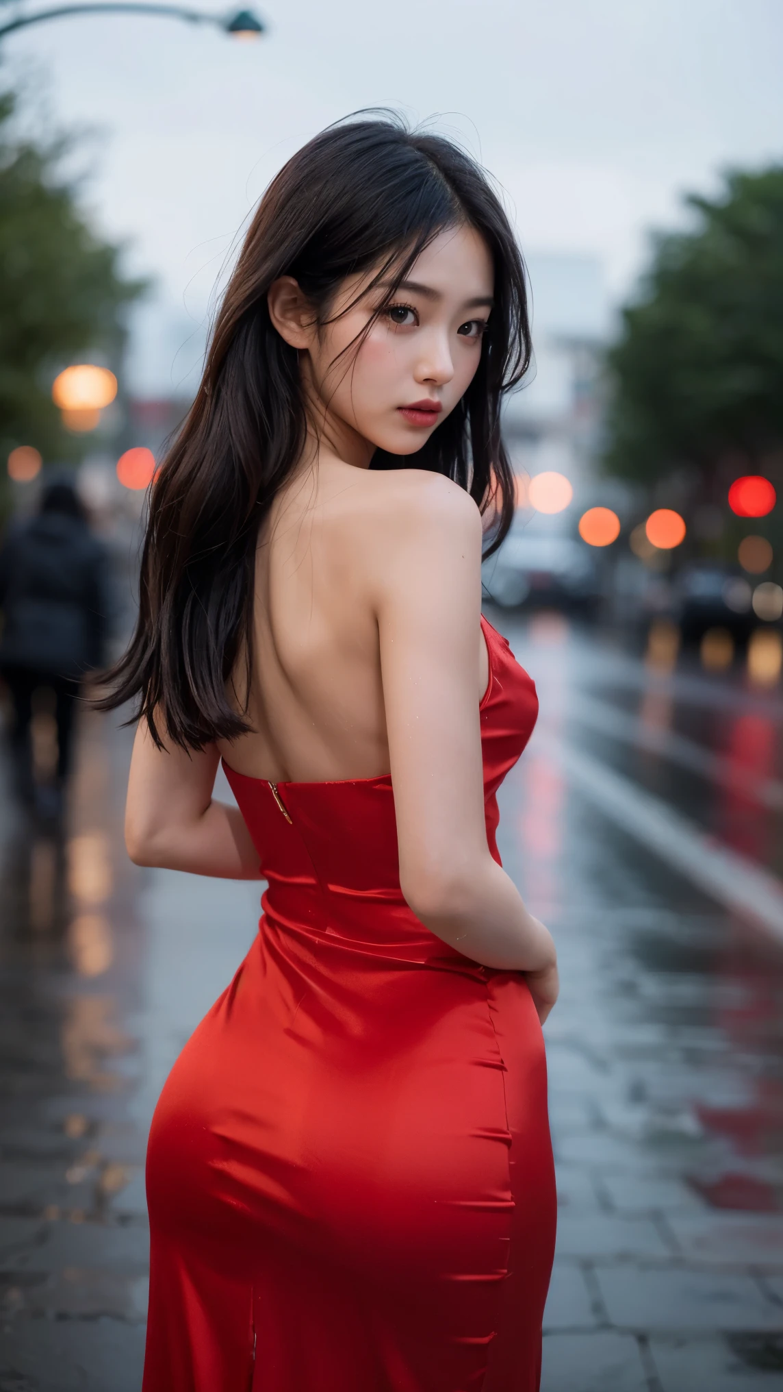 1girl,solo,long hair,Rough skin,from back,face focus,(looking at viewer:1.2),wet hair,dark,polaroid,(depth_of_field:1.5),rainy days,outdoors,street,hair between eyes,moody lighting,Tyndall effect,Cinematic Lighting,night,lamppost,lens flare,available light,rim light,glowing neon lights,curvy,Red silk dress,korea girl,