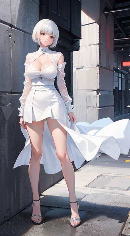 a mature big sister,Proud figure,model figure,white short hair,wearing white shirt,short skirt,thin waist,huge breasts,open shirt,wearing black,wear high heel shoes,Look ahead,White background,standing posture,full body picture