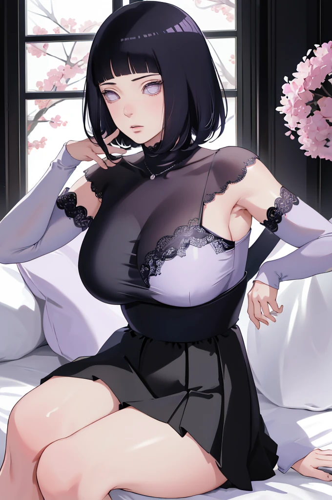 { - anatomy error} (Masterpiece - Ultra-detailed, very high resolution) (huge titusty, masterpiece, absurdres, hinata\(boruto\), 1girl, solo,mature female, off-shoulder bra, high waist black short skirt, looking at viewelling petals), perfect composition, detailed lips, big breast, beautiful face, body propotion, blush, (pink lips), short hair, (black hair), purple eyes, soft gaze, super realistic, detailed, photoshoot, realistic face and body, closed mouth, sitting on the bed , lilac eyes, full body, lace clothes, with chin resting on shoulder, perfect fingers