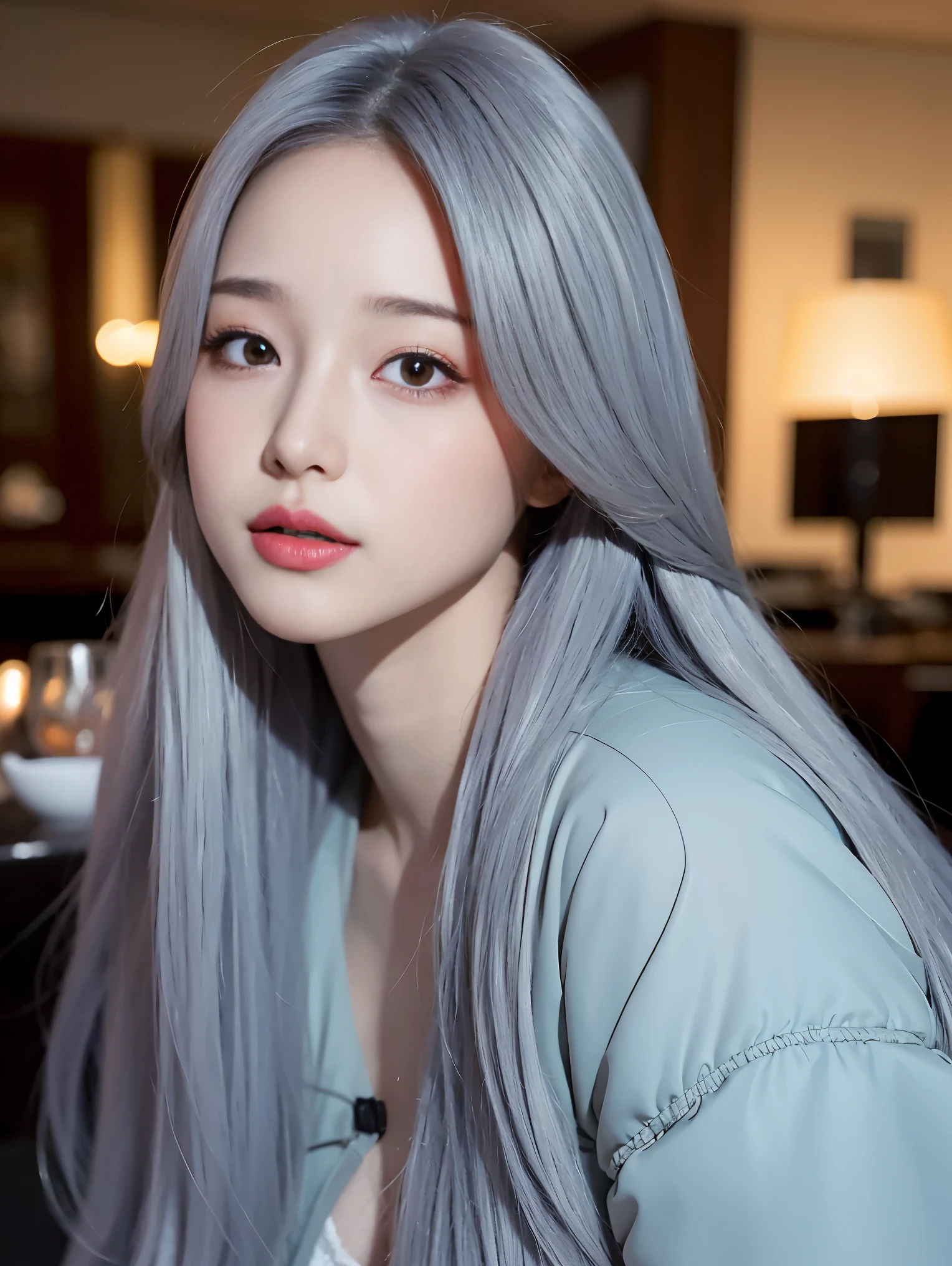 realistic, High resolution, 1 female, glowing skin, alone, wide lips,long hair,straight hair,saggy breasts,small face,Gray color hair,Color Contacts,Down jacket,Cafe,,Distant angle,,K-pop Idol