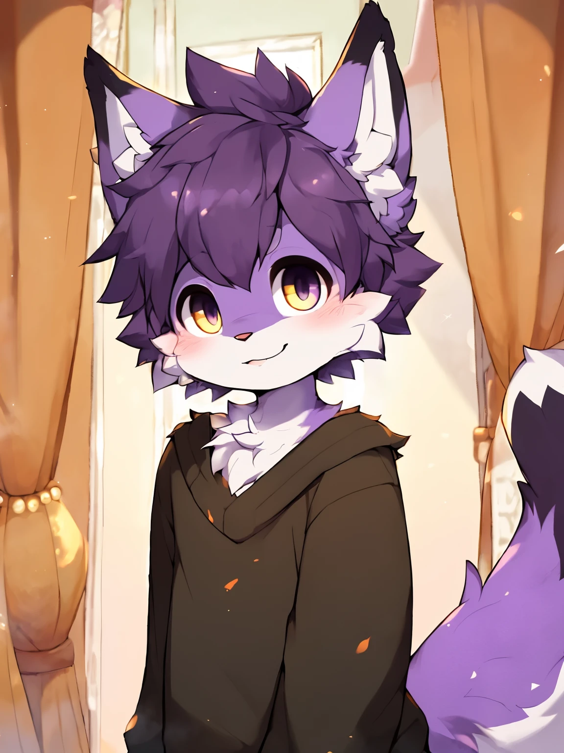 Furry male, eyeliner, eyelashes, (((black eyeshadow))), ((male focus)), lynx, ((purple fur)), purple hair, furry, cute fangs, cute, medium hair, furry, anime style, fluff, fluffy, thuft, disheveled, realistic fur, detailed, detailed shadows, cheeks fluff, ((fullrender)), (((neck fluff))), <3 eyes, icon portrait, avatar icon, only face, smug face, solo focus, ((super fluffy)), (upper body), one fang, ((shirtless)), ((shoulder fluff)), ((shoulder tuft)), ((hairy body)), ((penis)), (((fluffy body))), (((furry body))), ((showig ass)), thicc thighs, hand on butt, detailed hands, (by coffeesoda:1.1), by zackary911, by hioshiru, yiffy, by claweddrip, looking up perspective, perspective from tiny, (he is looking down at the tiny),  he is a giant, teasing face, snow background, (((kemono))), shota, pink hoodie, sweater,