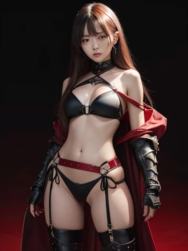 eyes long horizontally　hair is long and red　BDSM　off shoulder　Dark background　bikini armor　knife　White short boots