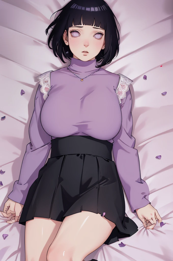 { - anatomy error} (Masterpiece - Ultra-detailed, very high resolution) (huge titusty, masterpiece, absurdres, hinata\(boruto\), 1girl, solo,mature female, lilac turtleneck blouse, high waist black short skirt, looking at viewelling petals), perfect composition, detailed lips, big breast, beautiful face, body propotion, blush, (pink lips), short hair, (black hair), purple eyes, soft gaze, super realistic, detailed, photoshoot, realistic face and body, closed mouth, laying on the bed , lilac eyes, full body, lace clothes, with chin resting on shoulder, perfect fingers