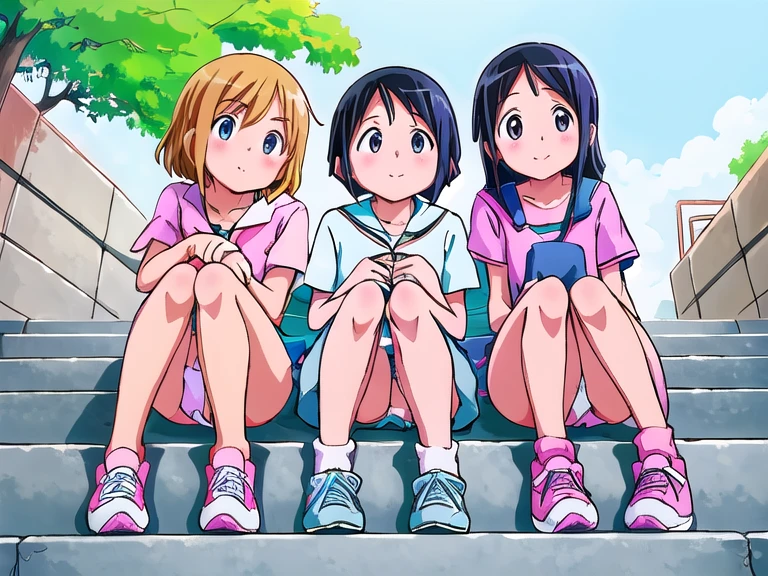 highest quality, ultra high resolution, (realistic: )2D official style cel animation,((Three Mitsuboshi Colors girls sit side by side))mini skirt,summer shirt,(light blue white pink panties),loose socks,sneakers,full body portrait,(from below),station stairs,Sunny,embarrassing,
