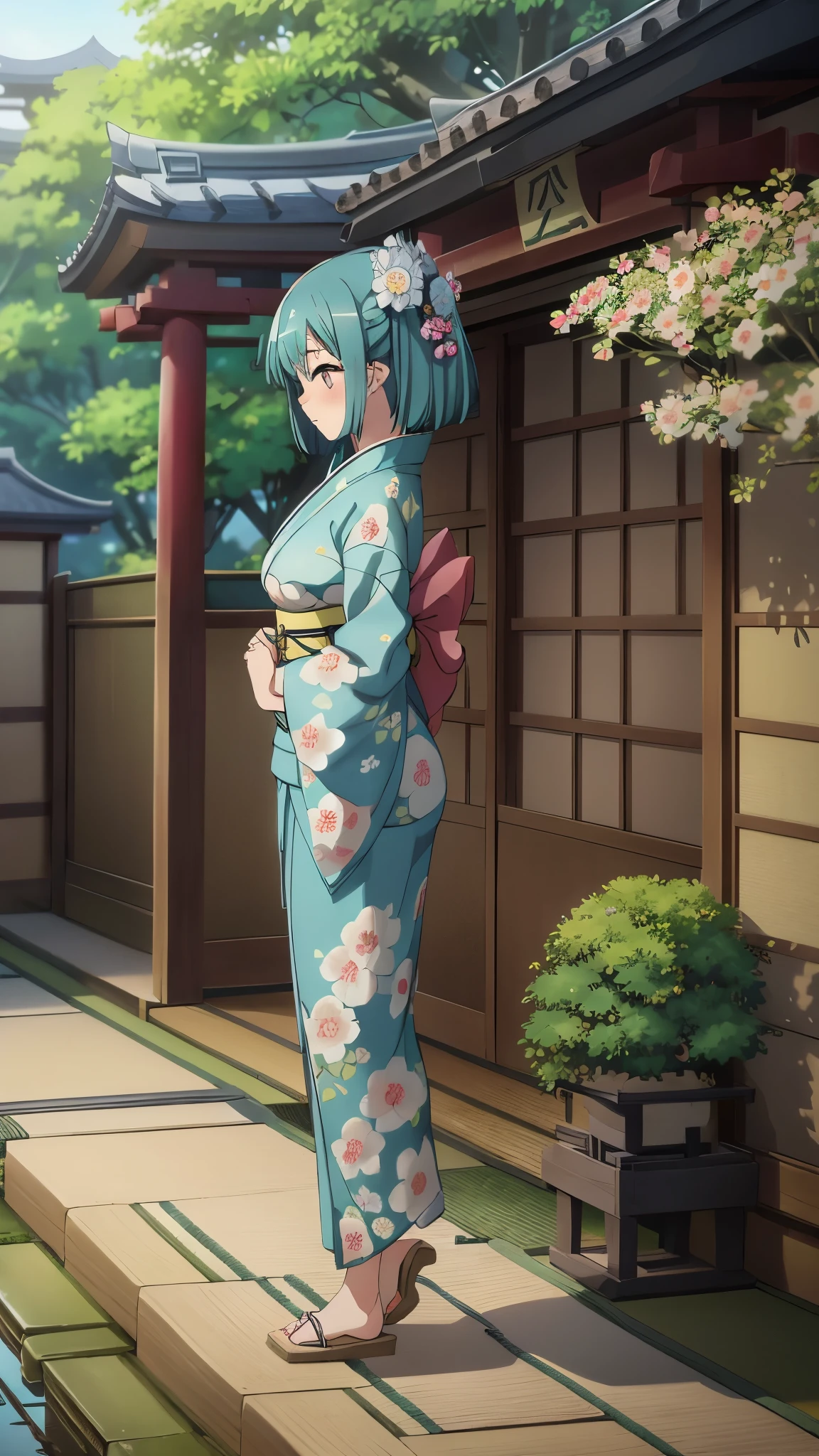 1girl, solo, from above, (white lily flowers), aesthetic, intricate, best quality, detailed background, Sayaka Miki, ((girl wearing a patterned teal kimono:1.2)), (walking in zen garden), casual pose, detailed textures, posing, floral print, hair flower, hair ornament, japanese clothes, kimono, obi, outdoors, pagoda, petals, (teal kimono), sash, shrine, sky, stone stairs, torii, wide sleeves, yukata, front view