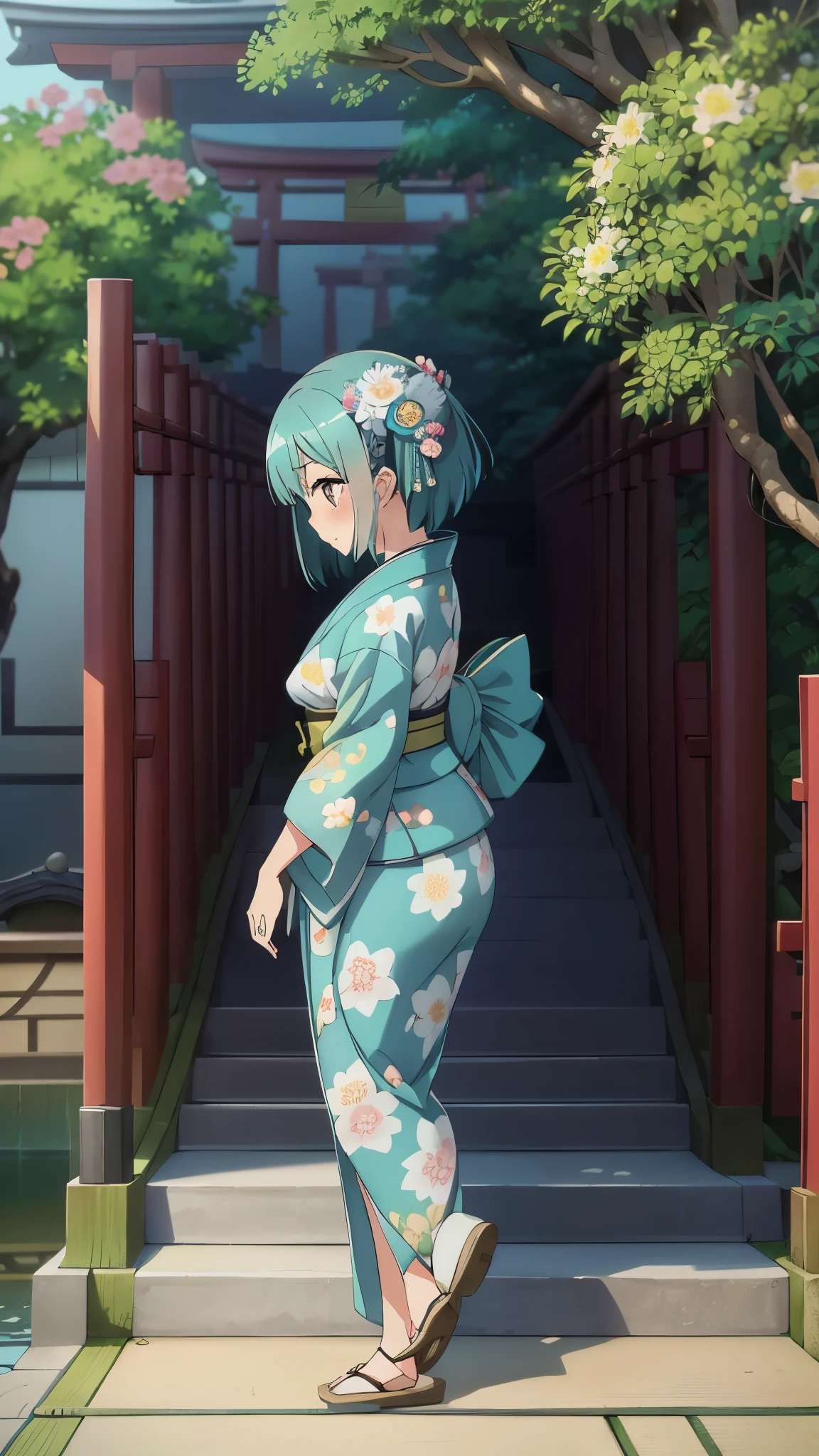 1girl, solo, from above, (white lily flowers), aesthetic, intricate, best quality, detailed background, Sayaka Miki, ((girl wearing a patterned teal kimono:1.2)), (walking in zen garden), casual pose, detailed textures, posing, floral print, hair flower, hair ornament, japanese clothes, kimono, obi, outdoors, pagoda, petals, (teal kimono), sash, shrine, sky, stone stairs, torii, wide sleeves, yukata, front view
