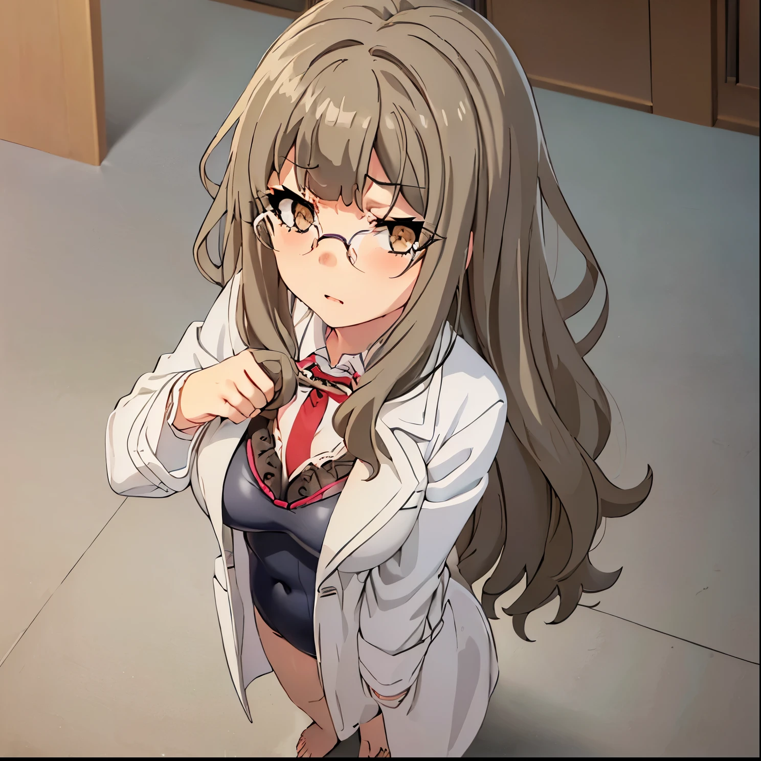 1girl, alone, excellent hands, excellent anatomy,Futaba rio, extremely shorty, (full body:1.1), pov, (from above:1.5), (fisheye), 
(so gigantic breasts:1.1), bouncing breasts, (glasses:1.1), gray hair, floating hair, between eyes, (looking up, looking at viewer:1.3), 
(4k, best quality, masterpiece:1.2), perfect lighting, 1girl, (full body, pov:1.3), photo of  girl, 
(pale skin:1.2),  (detailed face:1.0), (beautiful detailed eyes:0.9),
(labcoat:1.2), (old school swimsuit:1.3), (strap slip), (extended downblouse:1.3), cleavage, (hands on own chest:1.3),  bare legs, barefoot, 
(shocked:1.1),  nose blush, (humiliated:1.3), (annoyed:1.35), (smile:0.9), science room, 
ulzzang-6500-v1.1,  