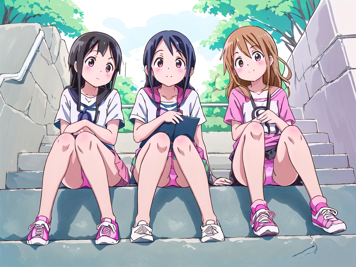 highest quality, ultra high resolution, (realistic: )2D official style cel animation,((Three Mitsuboshi Colors girls sit side by side))mini skirt,summer shirt,(Pink panties),loose socks,sneakers,full body portrait,(from below),station stairs,Sunny,embarrassing,