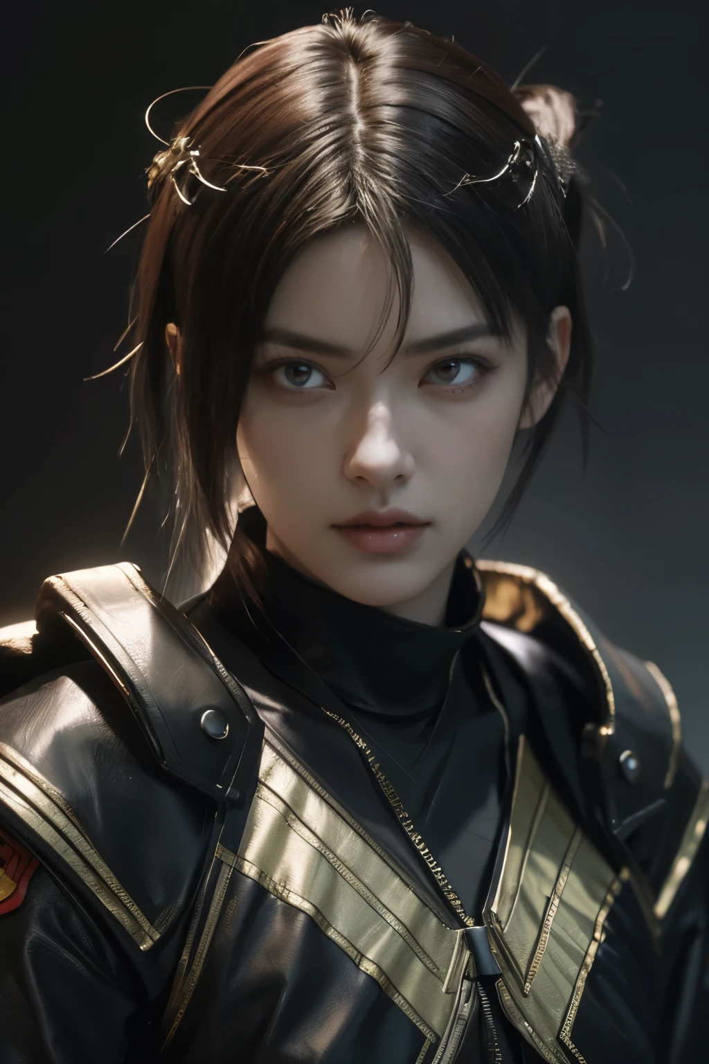 Game art，The best picture quality，Highest resolution，8K，(A bust photograph)，(Portrait)，(Head close-up)，(Rule of thirds)，Unreal Engine 5 rendering works， (The Girl of the Future)，(Female Warrior)， 22岁少女，(Female hackers)，(White，Ancient Oriental hairstyle)，((The pupils of the red eyes:1.3))，(A beautiful eye full of detail)，(Big breasts)，(Eye shadow)，优雅迷人，冷漠，((Anger))，(Cyberpunk jacket full of futuristic look，Joint Armor，There are exquisite Chinese patterns on the clothes，A flash of jewellery)，赛博朋克人物，未来风格， 拍照姿势，城市背景，Movie lights，Ray tracing，Game CG，((3D Unreal Engine))，oc渲染反射纹