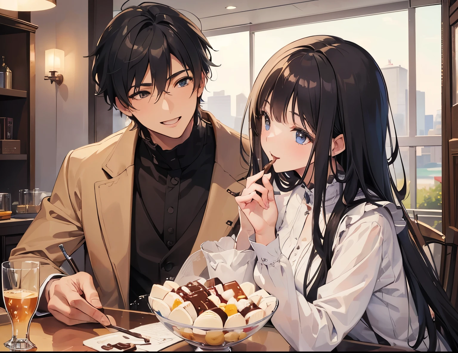 ((Best quality, A high resolution, Masterpiece:1.2)), (Romantic), (couple:1),(Happy smile),(Clear facial features), Romantic couple photo,, woman feeds chocolate to man's mouth, man opens his mouth looking happy, Romantic couple, landscape