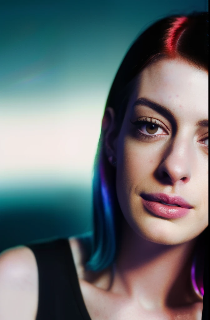 Anne Hathaway with rainbow hair, incredibly detailed beauty,brown eyes, rim lighting, cinematic ,lighting ,photo quality, vivid, kodak colors, 8k concept, 128k, 108mp DSLR, dskflll