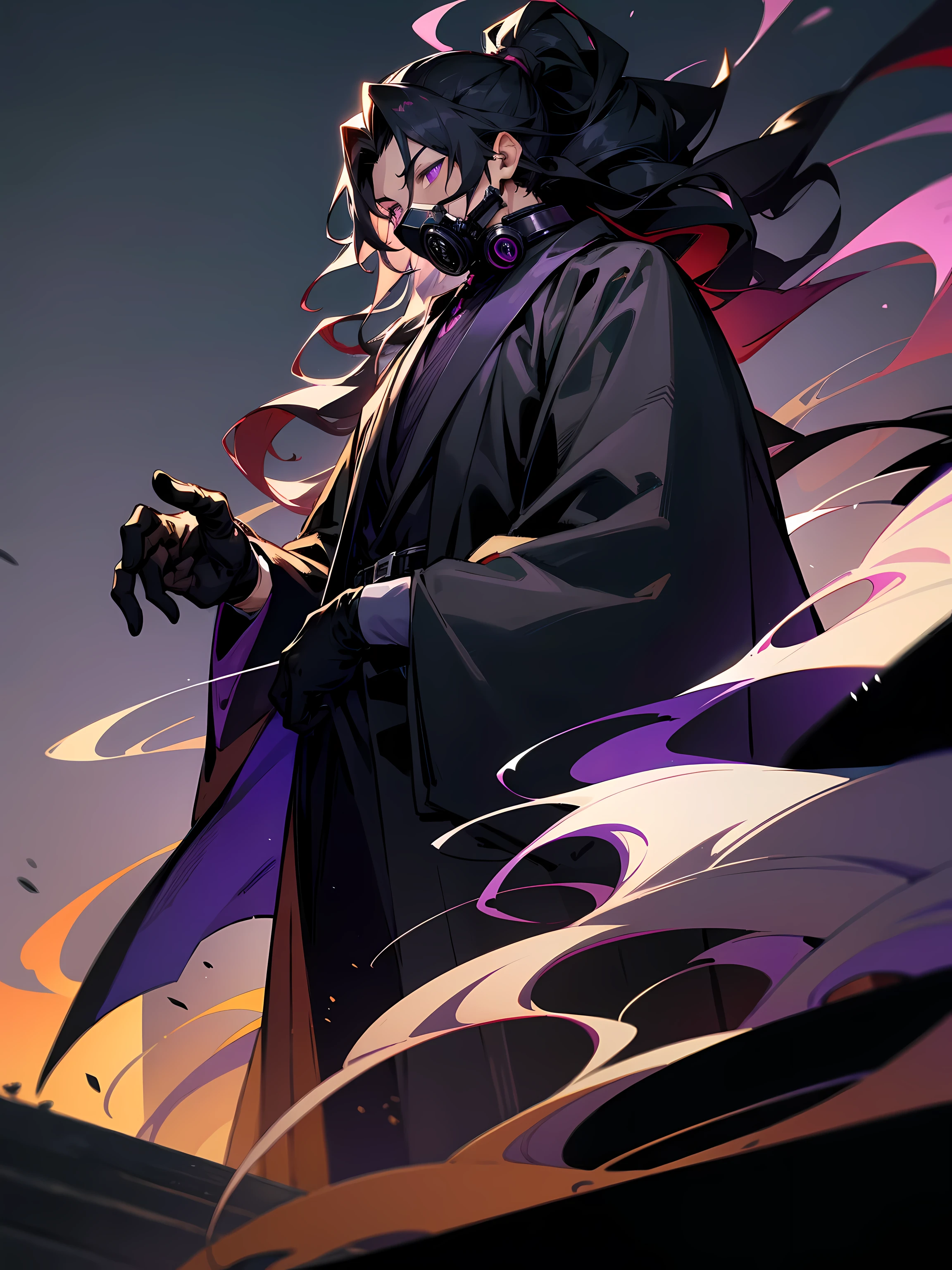 1male, darkskin, black hair, wavy hair, long hair, top knot, purple eyes, gas mask, black overcoat, black sweatshirt, black gloves, standing on roof, japanese city, night time, tired expression, smoke, masterpiece quality