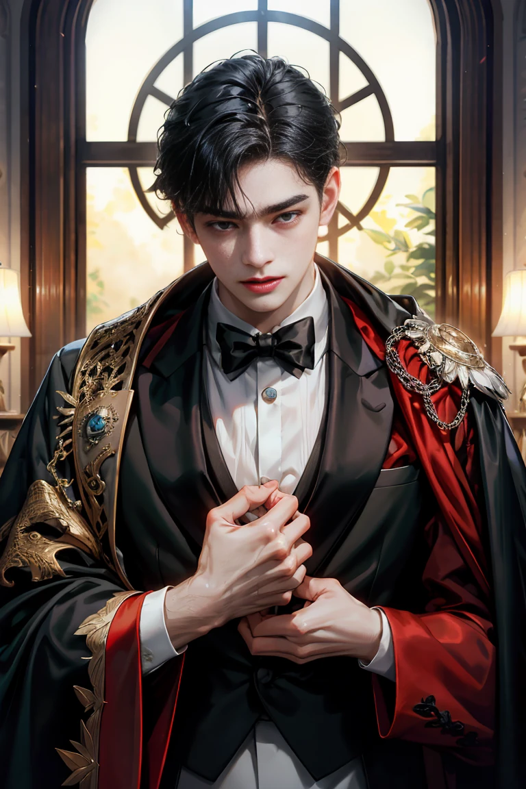 masterpiece, 最high quality, high quality, 1 boy, alone, male focus, looking at the viewer, whole body, Winning spirit_destiny, dirty black hair, blue adorable big eyes, white people, Noble, Noble, Noble的な吸血鬼、Classy tuxedo,A very large and long red and black cloak with a very large collar., 20-year-old,cute beautiful boy,cute cute crying face
