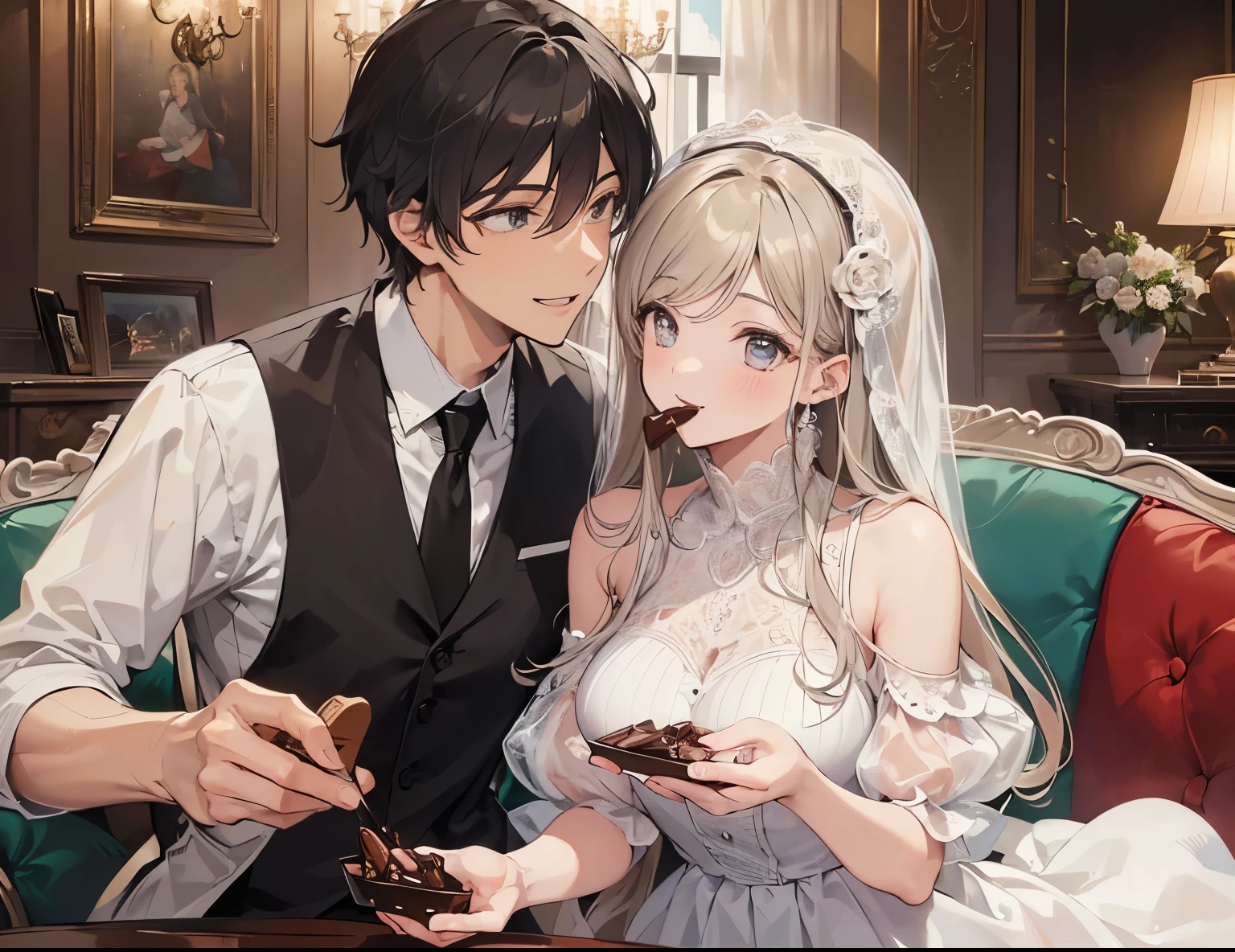 ((Best quality, A high resolution, Masterpiece:1.2)), (Romantic), (couple:1),(Happy smile),(Clear facial features), Romantic couple photo,, woman feeds chocolate to man's mouth, man opens his mouth looking happy, Romantic couple, the couple has the same height, landscape