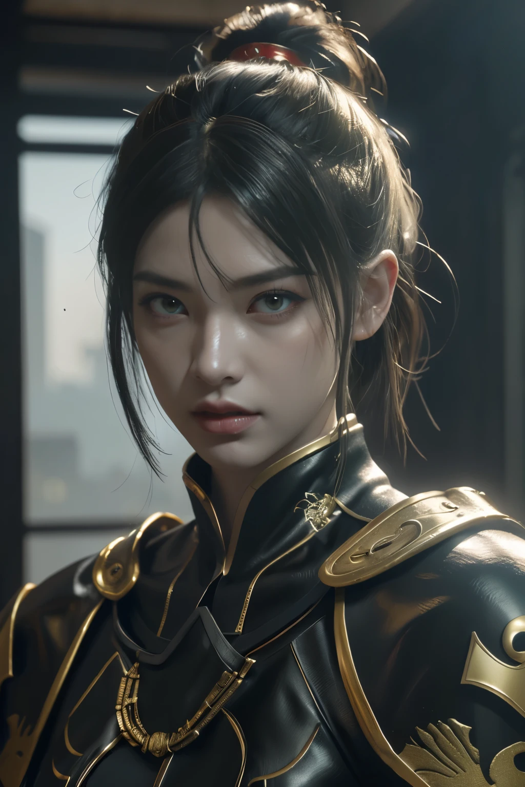 Game art，The best picture quality，Highest resolution，8K，(A bust photograph)，(Portrait)，(Head close-up)，(Rule of thirds)，Unreal Engine 5 rendering works， (The Girl of the Future)，(Female Warrior)， 22岁少女，(Female hackers)，(White，Ancient Oriental hairstyle)，((The pupils of the red eyes:1.3))，(A beautiful eye full of detail)，(Big breasts)，(Eye shadow)，优雅迷人，冷漠，((Anger))，(Cyberpunk jacket full of futuristic look，Joint Armor，There are exquisite Chinese patterns on the clothes，A flash of jewellery)，赛博朋克人物，未来风格， 拍照姿势，城市背景，Movie lights，Ray tracing，Game CG，((3D Unreal Engine))，oc渲染反射纹