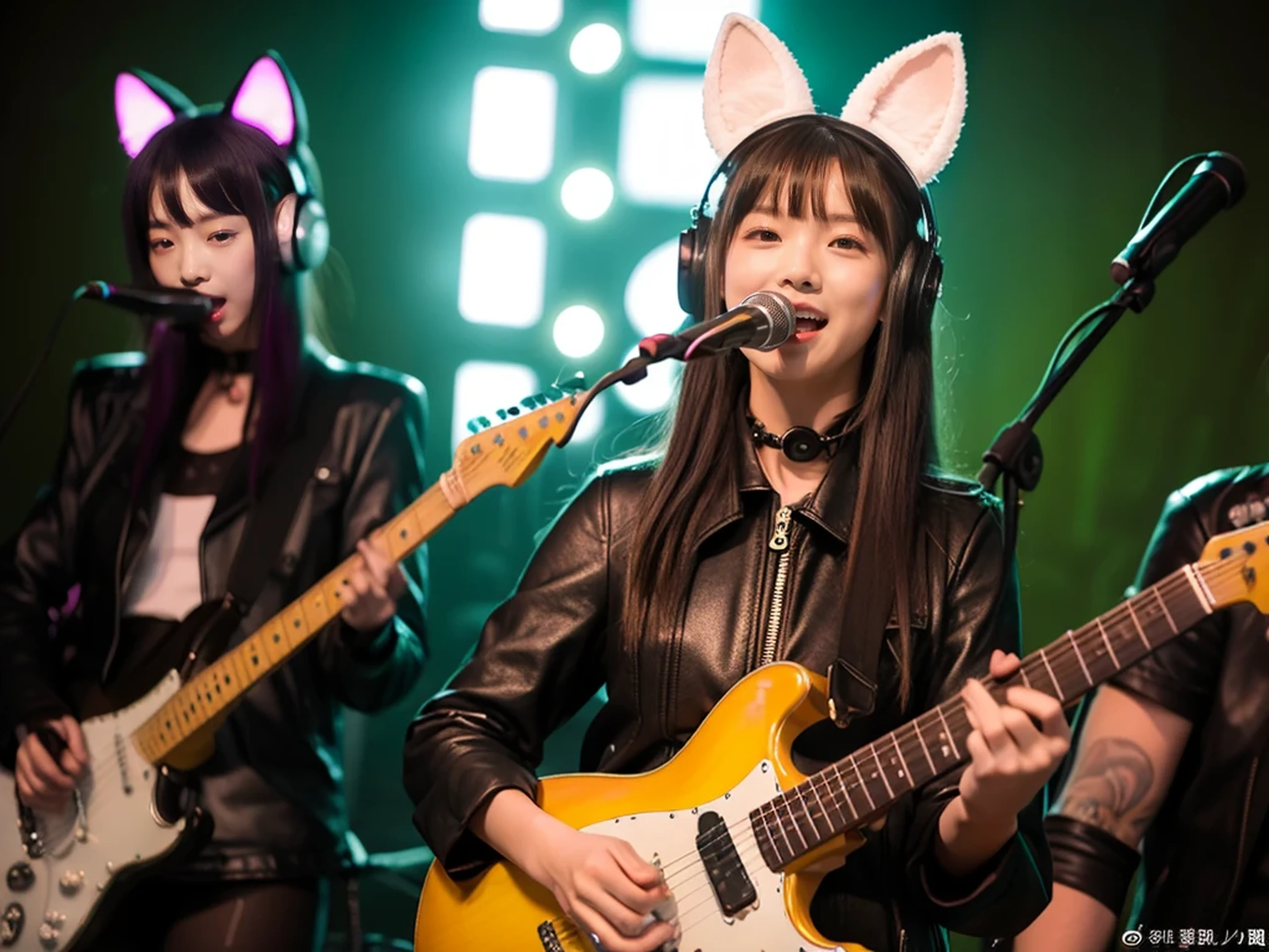 night, An 11-year-old girl with cat ears who lives with her girlfriend..、A black-based room for metal lovers, Cat ears and tail, collar, sunglasses、Dark camisole, frills, window、((Pose like playing the guitar))、11 year old cat girl、Variety of facial expressions、various poses, thin, Super cute cat-eared girl, pretty girl, cute japanese girl, a photo of girl, A thin, No makeup, various hairstyles、colored hair, baby face、beautiful japanese girl, (Photoreal:1.4)、Photographed with Canon 5D MK4, Photographed with canon eos 5 d mark iv, Photographed with canon eoa 6 d mark ii, Hvery detailed facial and skin texture、 fine eyes、double eyelid、very detailed, nffsw, Unite, 8K image wallpaper, finely, masterpiece, highest quality, (8K, highest quality, masterpiece:1.2), (realistic, Photoreal:1.37), super detailed, one girl、11 year old cute cat girl, Open your mouth and sing cheerfully, Cute costumes、choker、cat cosplay、Cat-eared daughter who likes metal music、Girl listening to heavy metal music on headphones、(ヘッドバンコーring)、black leather jacket、Visual Kei Makeup、Metal Accessories & ring、realistic cat ears、stand microphone、Red Electric Guitar、livestream、Live venue、illuminate、Composition looking up from below、長く美しく詳細な女の子の高解像度の肖像画の見事なmasterpiece, Shiny purple hair and captivating green eyes, Wearing a cozy sweater、Flashes a gorgeous smile that highlights her small but perfectly formed breasts.