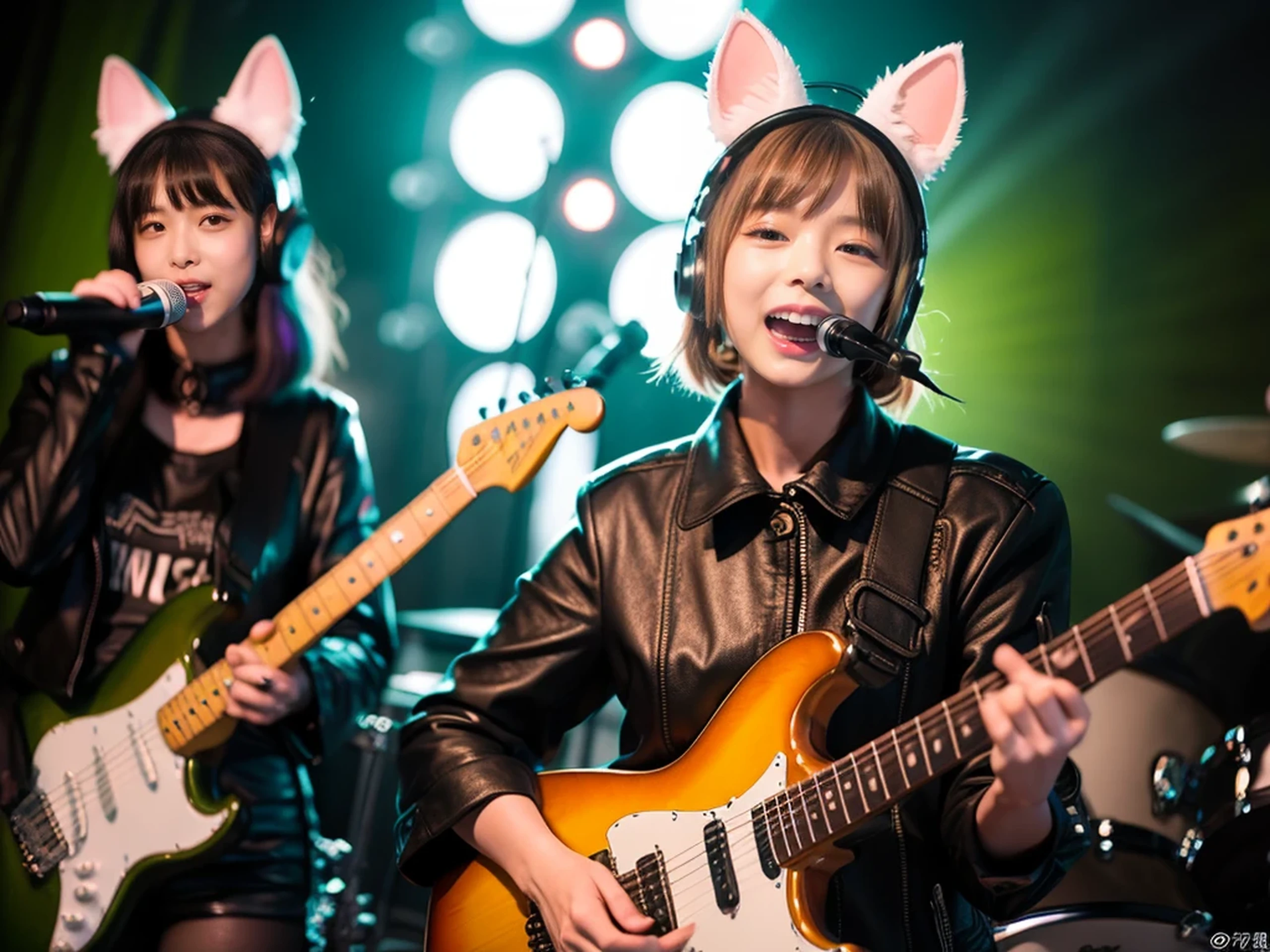night, An with cat ears who lives with her girlfriend..、A black-based room for metal lovers, Cat ears and tail, collar, sunglasses、Dark camisole, frills, window、((Pose like playing the guitar))、11 year old cat girl、Variety of facial expressions、various poses, thin, Super cute cat-eared girl, pretty girl, cute japanese girl, a photo of girl, A thin, No makeup, various hairstyles、colored hair, baby face、beautiful japanese girl, (Photoreal:1.4)、Photographed with Canon 5D MK4, Photographed with canon eos 5 d mark iv, Photographed with canon eoa 6 d mark ii, Hvery detailed facial and skin texture、 fine eyes、double eyelid、very detailed, nffsw, Unite, 8K image wallpaper, finely, masterpiece, highest quality, (8K, highest quality, masterpiece:1.2), (realistic, Photoreal:1.37), super detailed, one girl、11 year old cute cat girl, Open your mouth and sing cheerfully, Cute costumes、choker、cat cosplay、Cat-eared daughter who likes metal music、Girl listening to heavy metal music on headphones、(ヘッドバンコーring)、black leather jacket、Visual Kei Makeup、Metal Accessories & ring、realistic cat ears、stand microphone、Red Electric Guitar、livestream、Live venue、illuminate、Composition looking up from below、長く美しく詳細な女の子の高解像度の肖像画の見事なmasterpiece, Shiny purple hair and captivating green eyes, Wearing a cozy sweater、Flashes a gorgeous smile that highlights her small but perfectly formed breasts.