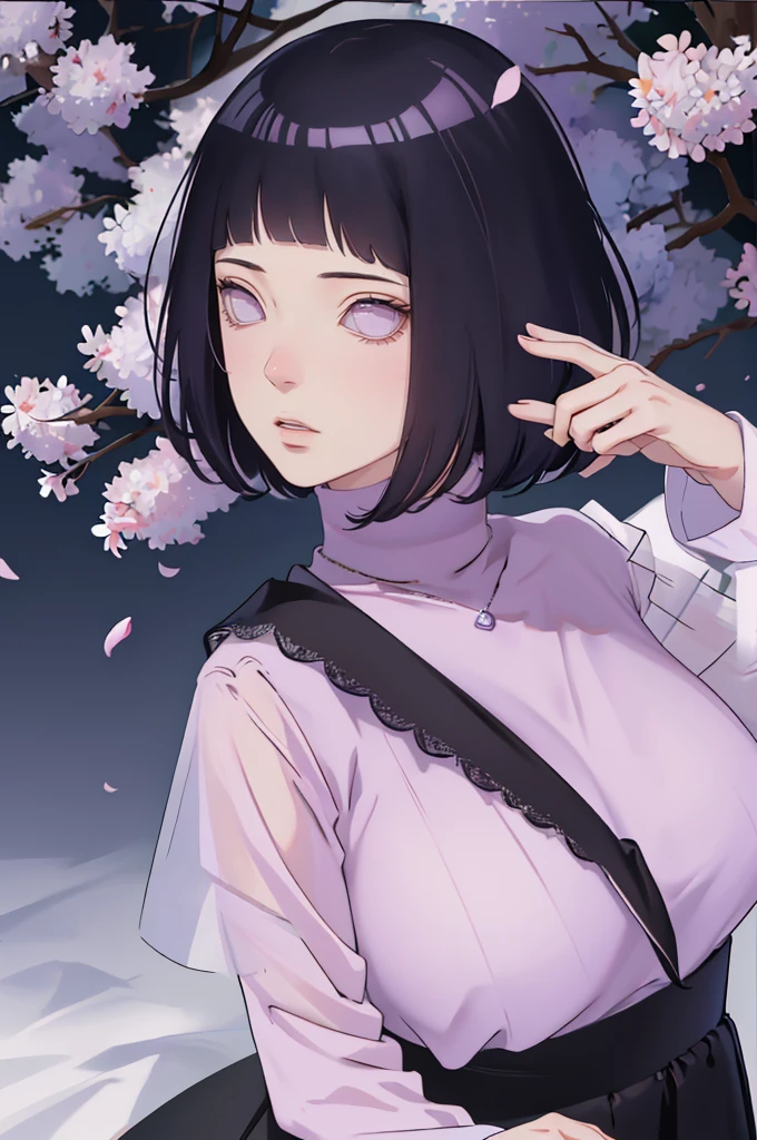 { - anatomy error} (Masterpiece - Ultra-detailed, very high resolution) (huge titusty, masterpiece, absurdres, hinata\(boruto\), 1girl, solo,mature female, lilac turtleneck blouse, high waist black short skirt, looking at viewelling petals), perfect composition, detailed lips, big breast, beautiful face, body propotion, blush, (pink lips), short hair, (black hair), purple eyes, soft gaze, super realistic, detailed, photoshoot, realistic face and body, closed mouth, dancing ligthly , lilac eyes, full body, lace clothes, with chin resting on shoulder, perfect fingers