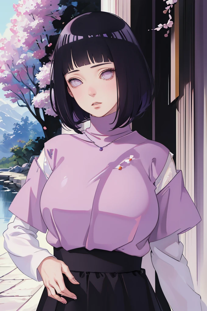 { - anatomy error} (Masterpiece - Ultra-detailed, very high resolution) (huge titusty, masterpiece, absurdres, hinata\(boruto\), 1girl, solo,mature female, lilac turtleneck blouse, high waist black short skirt, looking at viewelling petals), perfect composition, detailed lips, big breast, beautiful face, body propotion, blush, (pink lips), short hair, (black hair), purple eyes, soft gaze, super realistic, detailed, photoshoot, realistic face and body, closed mouth, dancing ligthly , lilac eyes, full body, lace clothes, with chin resting on shoulder, perfect fingers