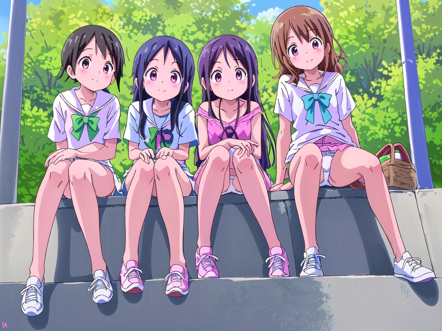 highest quality, ultra high resolution, (realistic: )2D official style cel animation,((Three Mitsuboshi Colors girls sit side by side))mini skirt,summer shirt,(Pink panties、White panties、lace panties),loose socks,sneakers,full body portrait,(from below),station stairs,Sunny,embarrassed face