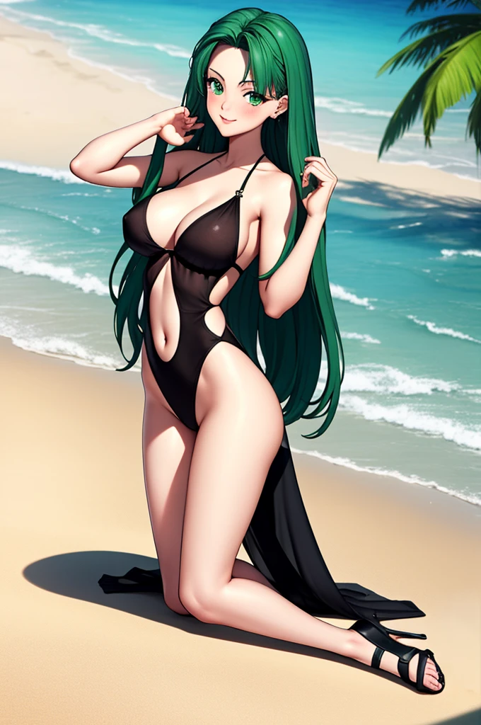 masterpiece, high quality, very sexy clad woman is posing on a beach, 1girl, solo, one-piece see-through swimsuit, black swimsuit, green hair, long hair, side-parted hairstyle, large breasts, green eyes, see-through, sandals, blush, kneeling, smile