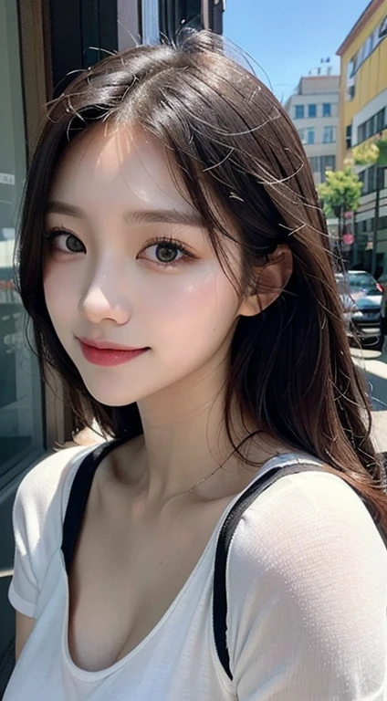 a young woman wearing white, in the style of samyang af 14mm f/2.8 rf, dark gray and light brown, realistic impression, bright luster, romantic charm, light red and light gray, soft yet vibrant