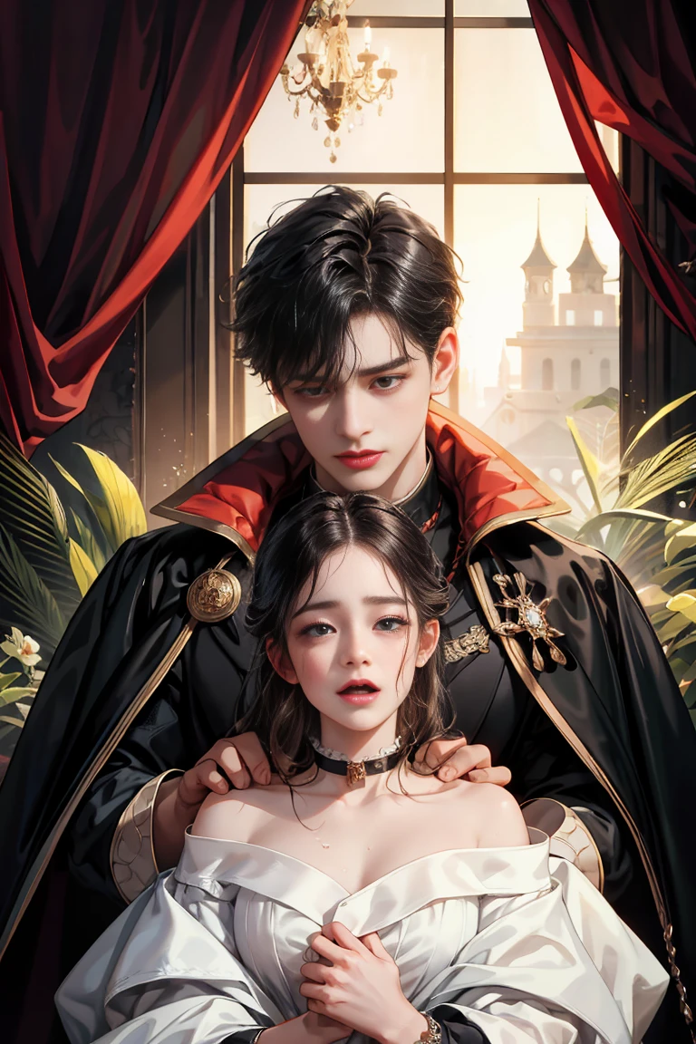 masterpiece, 最high quality, high quality, 1 boy, alone, male focus, looking at the viewer, whole body, Winning spirit_destiny, dirty black hair, blue adorable big eyes, white people, Noble, Noble, Noble的な吸血鬼、Classy tuxedo,A very large and long red and black cloak with a very large collar., 20-year-old,cute beautiful boy,cute cute crying face