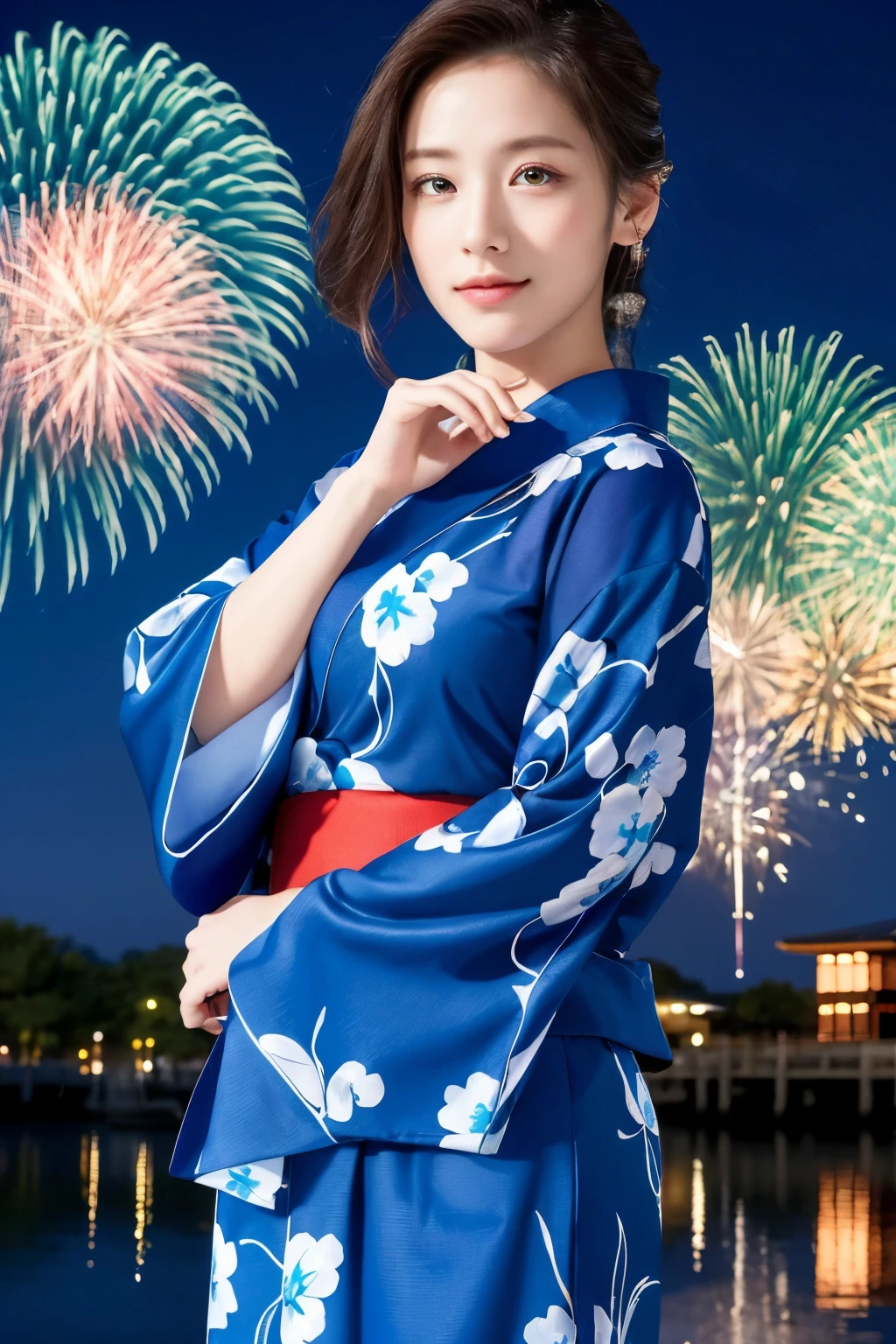 ((masterpiece, highest quality, Super fine, High resolution)), 4K. alone, beautiful girl, shining eyes, perfect eyes, beautiful sister of Japan, blue theme, Yukata, Night fireworks in the background