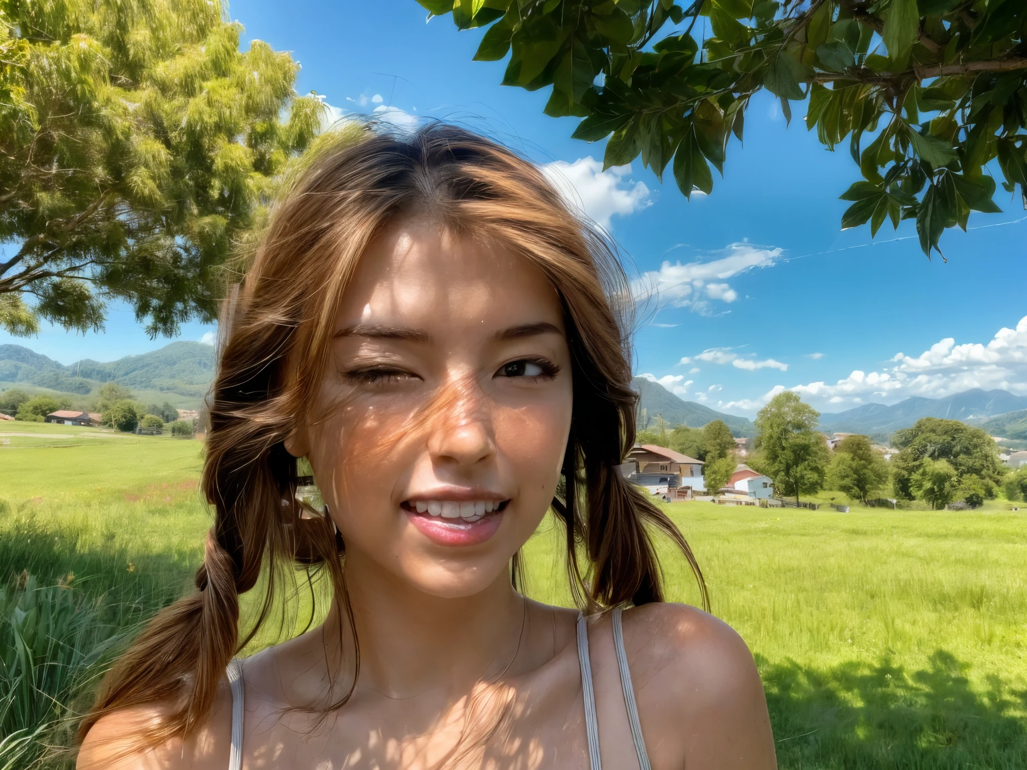 (best quality,highres,masterpiece:1.2),realistic,ultra-detailed,beautiful detailed eyes,beautiful detailed lips,extremely detailed eyes and face,longeyelashes,1girl,waiting for a bus at the bus stop,peaceful countryside scene,illustration,soft lighting,vivid colors,beautiful flowers in the background,happy and relaxed expression,flowing dress,golden sunlight filtering through the trees,gentle breeze,majestic mountains in the distance,butterflies hovering around,waving fields of golden wheat,tall green grass,peaceful farm animals grazing nearby,clear blue sky,sunshine casting warm shadows on the ground,crisp air,serene atmosphere