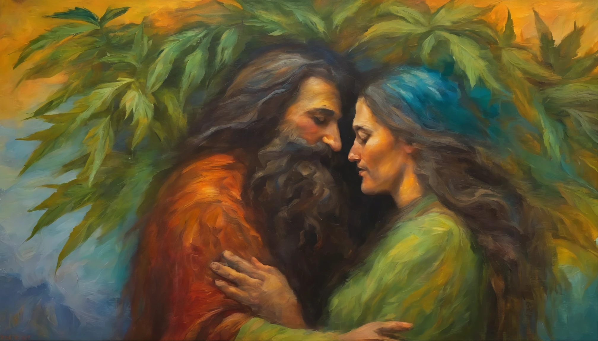 marijuana and michigan man with very long hair and a beard and mustache. embracing each other well god is watching over us
