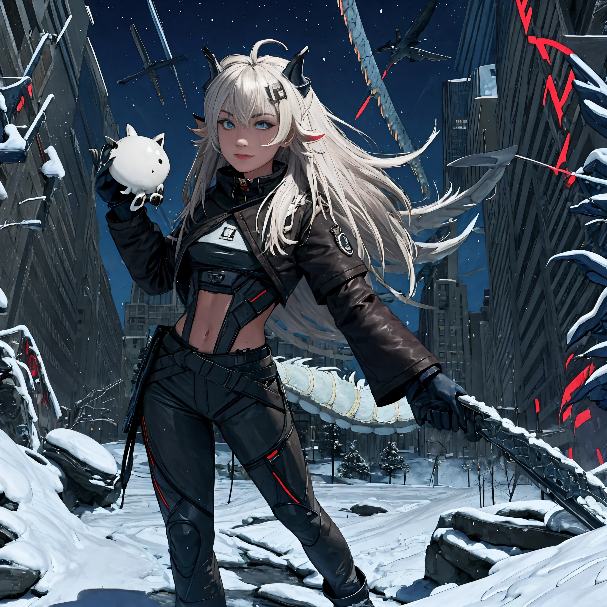 masterpiece, shoulder length white hair, female,2 white fox ears, teenage girl, body,, white scale dragon tail, military boots,black leggings, military combat pants, black T-shirt, white jacket open, medium size chest, detailed blue eyes,solo female,1 dragon tail, tomboyish, thick dragon tail, white scales, 2 dragon wings, white fluffy wings