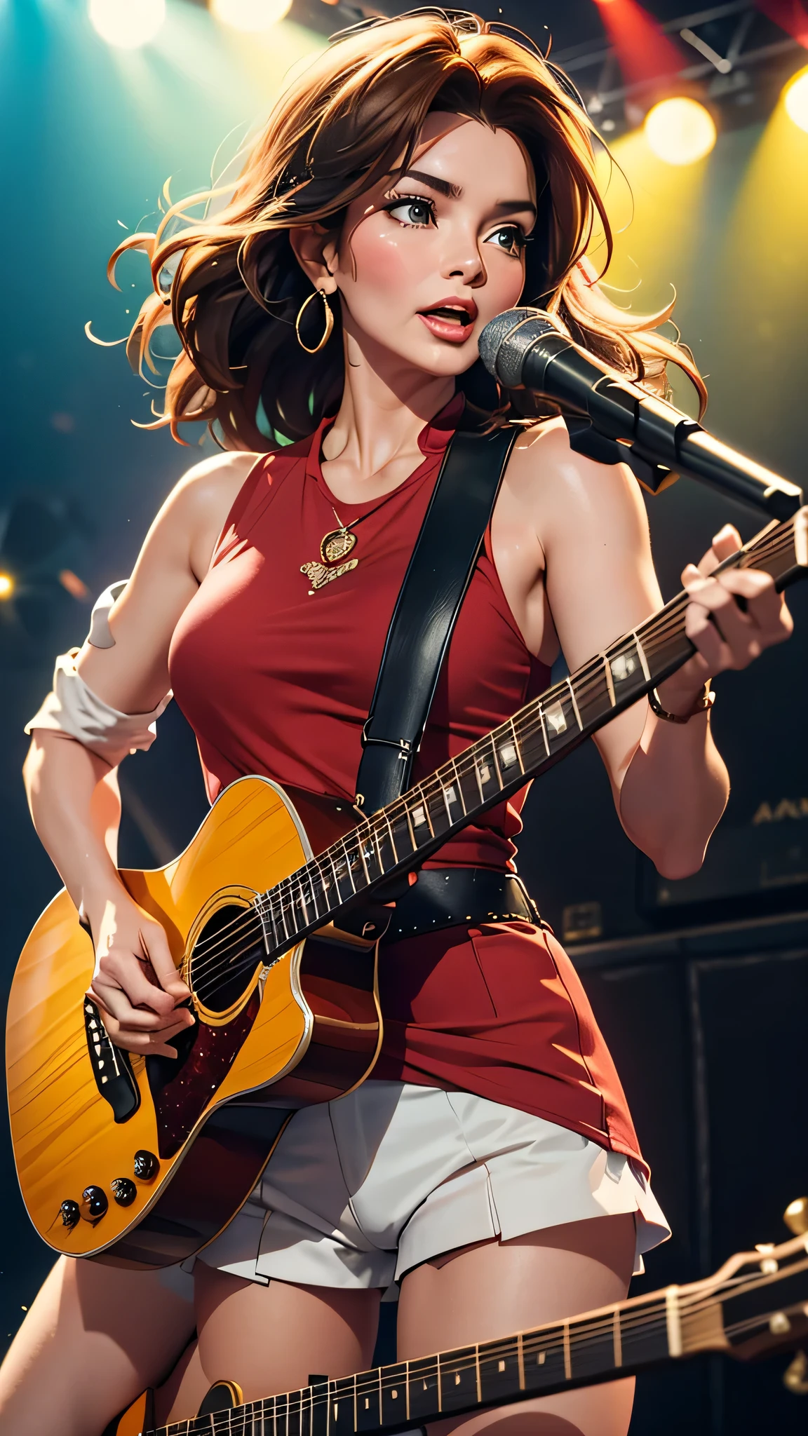 gerar famosa pop star country americana a linda Shania Twain, tocando guitarra acustica on stage, alta qualidade e realismo, 8k,uhd, com roupas tipicas female country style long sleave